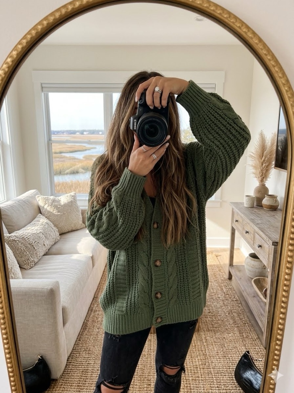 NWT Green Oversized Jacquard Cardigan Sweater | Boho Balloon Sleeve Knit Layerin